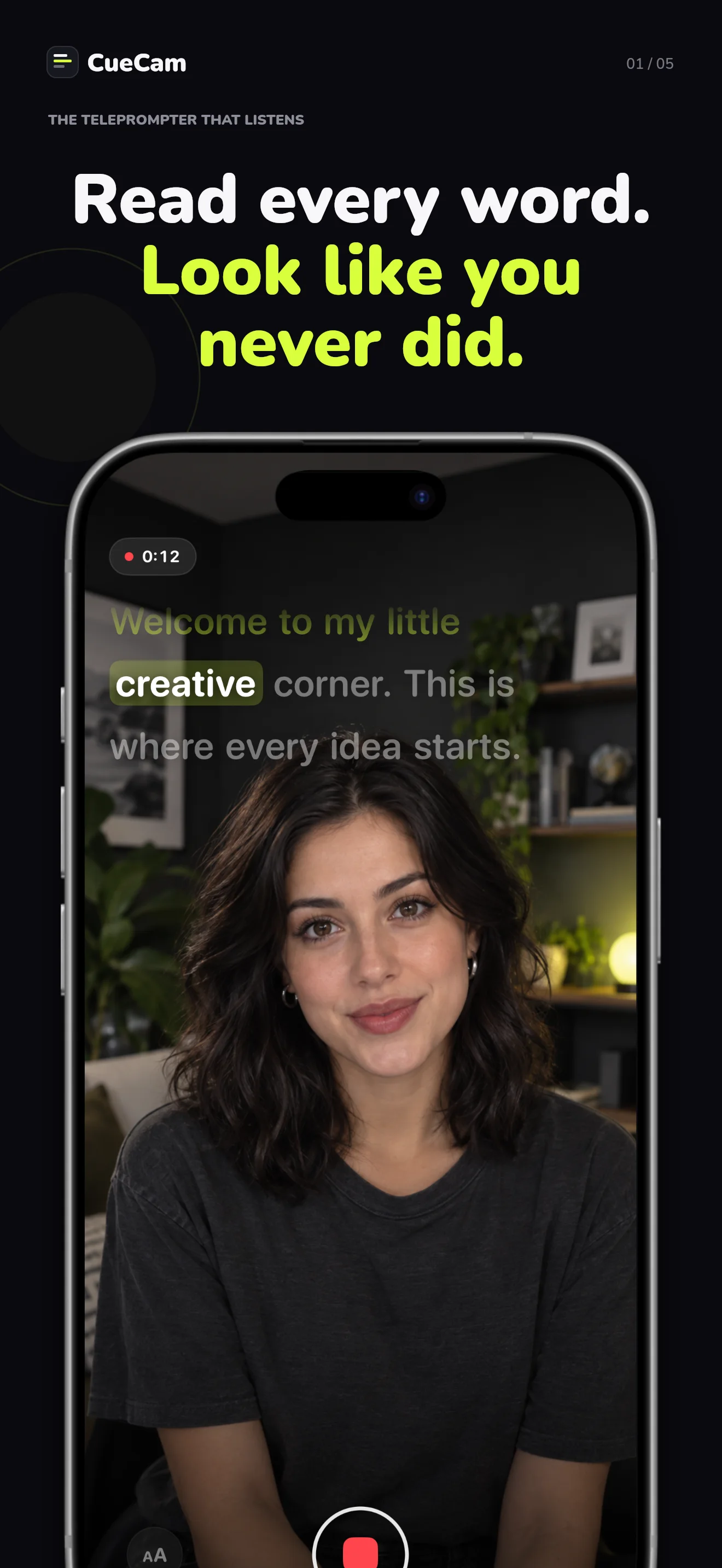 CueCam voice-following teleprompter and recording interface